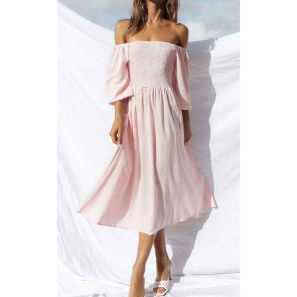 Petal Pup Off The Shoulder Boho Dress Women’s 4 Smocked Midi Pink